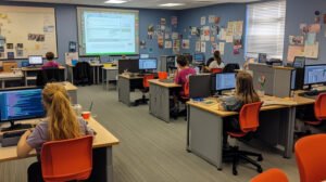 students engaged in coding activities in tech focused classroom